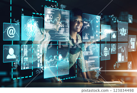 Tech team, overlay and trading on stock market with hologram, cloud computing and ai financial strategy via wifi internet. Female, cryptocurrency and trader doing data analysis for investment growth 123834498