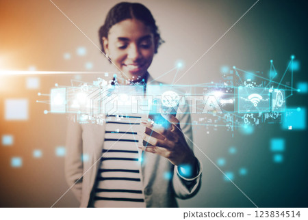 Digital ai, phone and black woman on social media against a grey mockup studio background. Network, connection and business worker with smartphone for virtual communication and futuristic cgi on web 123834514