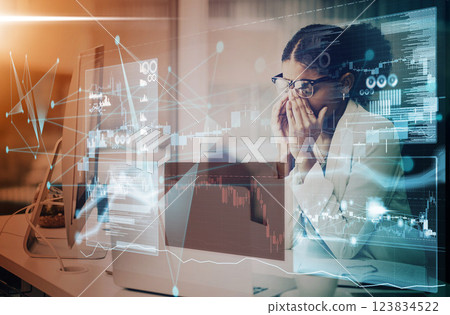 Stressed business woman, digital trading and analytics in big data, loss and investment at office. Corporate female trader suffering burnout, debt or failure in cryptocurrency or online stock market Stressed business woman, digital trading and analytics in big data, loss and investment at office. Corporate female trader suffering burnout, debt or failure in cryptocurrency or online stock market 123834522