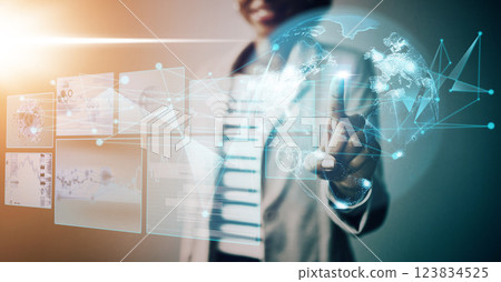 Technology, big data and AI software interface, businesswoman and business innovation, global networking. Black woman, touching and programmer, futuristic system and development with world hologram 123834525