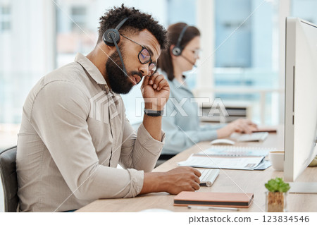 Burnout, stress and call center agent man on computer in telemarketing sale, website support career fatigue. Tired, anxiety or depression of online IT business support consultant or virtual advisor 123834546