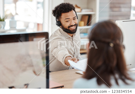 Paper, call center and smile to woman from man coworker at desk in office. Contact us, crm and customer support worker hands documents to colleague for teamwork, target or learning in consulting job Paper, call center and smile to woman from man coworker at desk in office. Contact us, crm and customer support worker hands documents to colleague for teamwork, target or learning in consulting job 123834554