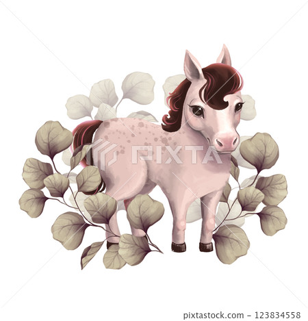 Little pony horse with floral branches. Cute animal illustration. 123834558