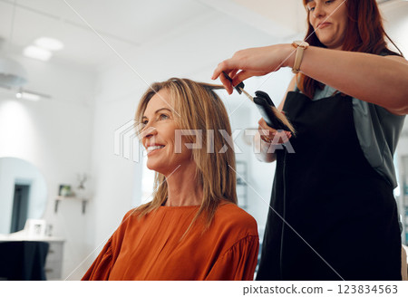 Salon, haircut and style with a woman customer straightening her hair for beauty or wellness. Fashion, client and hair with a female hairdresser or beautician at work with a consumer for haircare Salon, haircut and style with a woman customer straightening her hair for beauty or wellness. Fashion, client and hair with a female hairdresser or beautician at work with a consumer for haircare 123834563