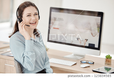 Call center employee, phone call and woman at desk, communication and working in customer service or telemarketing. Agent with headset, computer and consulting with client, consultant and support. Call center employee, phone call and woman at desk, communication and working in customer service or telemarketing. Agent with headset, computer and consulting with client, consultant and support. 123834565