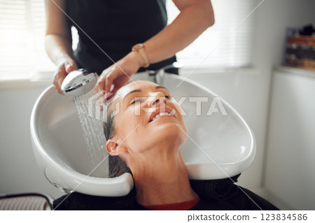 Beauty salon, woman customer and washing hair, service cleaning and scalp treatment at water basin. Professional hairdresser, hair care stylist and cosmetics wellness boutique rinse happy client head Beauty salon, woman customer and washing hair, service cleaning and scalp treatment at water basin. Professional hairdresser, hair care stylist and cosmetics wellness boutique rinse happy client head 123834586