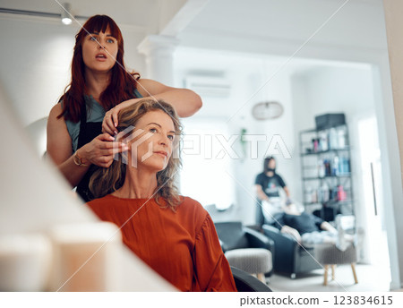 Mirror reflection of senior woman, hairdresser and salon studio employee working on client haircut, hair care or treatment. Designer hair salon, beauty spa service and stylist work on customer hair Mirror reflection of senior woman, hairdresser and salon studio employee working on client haircut, hair care or treatment. Designer hair salon, beauty spa service and stylist work on customer hair 123834615