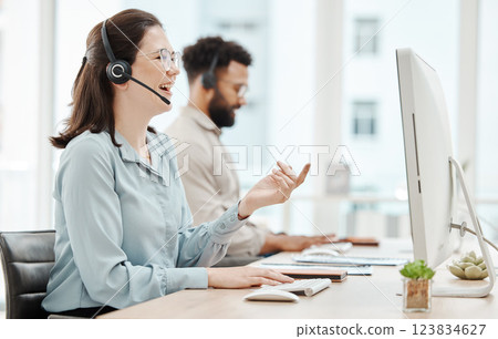 Call center, contact us and woman, phone call in business for customer service or telemarketing. Desk with computer, consulting with customer, consultant or agent, communication and support. Call center, contact us and woman, phone call in business for customer service or telemarketing. Desk with computer, consulting with customer, consultant or agent, communication and support. 123834627