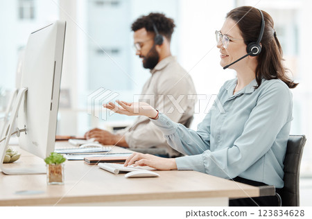 Woman, call center and smile at computer for customer support, crm or help in phone call. Consultant, agent or worker is happy for consulting at customer service, telemarketing or support job with pc Woman, call center and smile at computer for customer support, crm or help in phone call. Consultant, agent or worker is happy for consulting at customer service, telemarketing or support job with pc 123834628