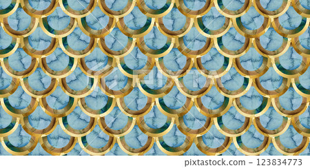 Mermaid fish scale wave luxury golden seamless pattern. Watercolor hand drawn Scales shaped texture. 123834773