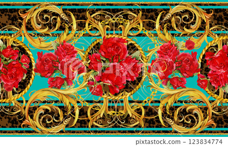 Design silk scarf with golden baroque elements, red Roses on Leopard skin background.  123834774