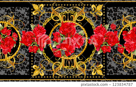 Design silk scarf with golden baroque elements, red Roses on Leopard skin background.  123834787