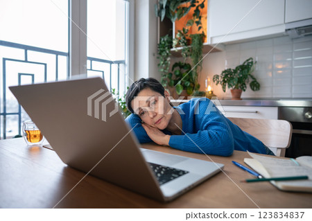 Indifferent mature woman leaning on desk, stare at laptop. Burnout female overwhelmed by workload Indifferent mature woman leaning on desk, stare at laptop. Burnout female overwhelmed by workload 123834837