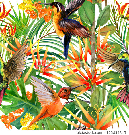 tropical leaf and many flowers seamles pattern tropical leaf and many flowers seamles pattern 123834845