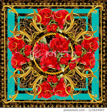 Design silk scarf with golden baroque elements, red Roses on Leopard skin background. Design silk scarf with golden baroque elements, red Roses on Leopard skin background. 123834847