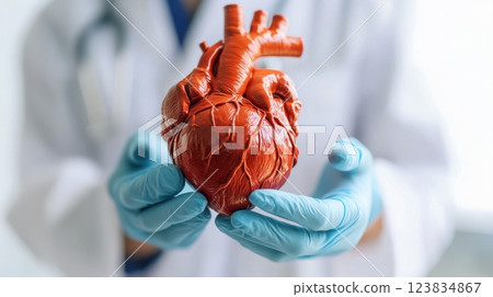 Doctor holding anatomical heart model in gloves demonstrating cardiovascular education 123834867