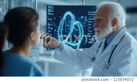 Caucasian elderly male doctor discusses lung x-ray with asian female patient in medical office 123834872