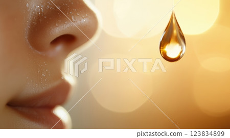 Close-up of dewy female skin with a golden oil drop on blurred background 123834899