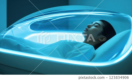 Asian female relaxing in futuristic sleep pod with blue lighting ambiance Asian female relaxing in futuristic sleep pod with blue lighting ambiance 123834906