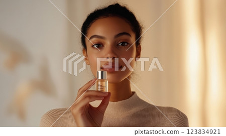 Young african female presenting skincare product in elegant setting 123834921