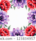 A vibrant and bold illustration of peonies in a circular arrangement. The bright red and purple petals of the flowers stand out against the light background, creating a striking contrast.  123834957
