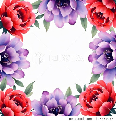 A vibrant and bold illustration of peonies in a circular arrangement. The bright red and purple petals of the flowers stand out against the light background, creating a striking contrast. A vibrant and bold illustration of peonies in a circular arrangement. The bright red and purple petals of the flowers stand out against the light background, creating a striking contrast. 123834957