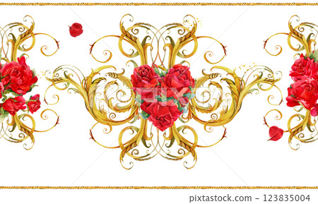 Scarf frame design watercolor illustration for fashion, textile print. With gold chains, red roses Scarf frame design watercolor illustration for fashion, textile print. With gold chains, red roses 123835004