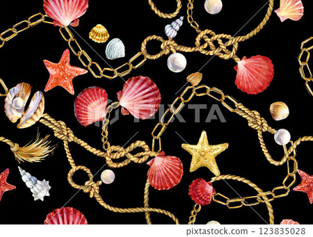 Watercolor marine pattern with gold chains, ropes, red and yellow starfish, shell Watercolor marine pattern with gold chains, ropes, red and yellow starfish, shell 123835028