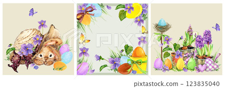 Happy Easter watercolor cards set with cute Easter rabbit, eggs, spring flowers in pastel colors 123835040