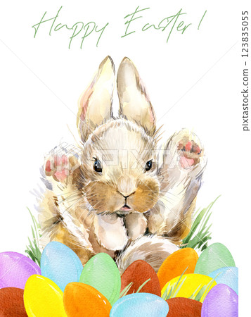Watercolor cute Easter bunny with Easter eggs. Happy Easter Card. Watercolor cute Easter bunny with Easter eggs. Happy Easter Card. 123835055