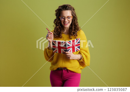 happy healthy woman in sweater and glasses isolated on green happy healthy woman in sweater and glasses isolated on green 123835087