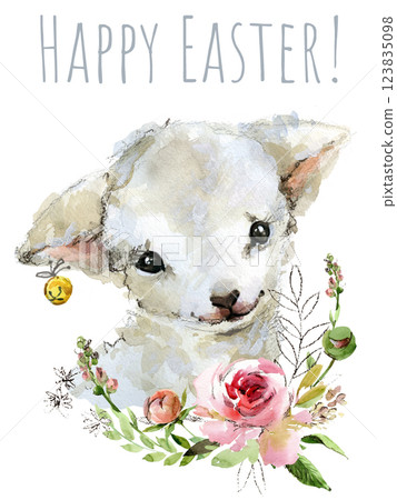 Happy Easter watercolor card with cute Easter Lamb Sheep, spring flowers on white background.  123835098