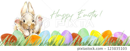 Watercolor cute Easter bunny with Easter eggs. Happy Easter Card.  123835103