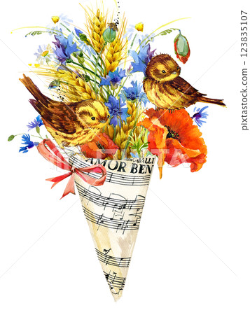 Bouquet of Flowers in a paper bag with a bow and Cute little bird. Watercolor hand drawn series Bouquet of Flowers in a paper bag with a bow and Cute little bird. Watercolor hand drawn series 123835107