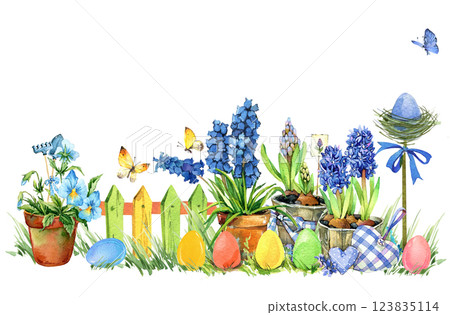 Happy Easter Watercolor background with realistic painted eggs, grass, flowers.  123835114