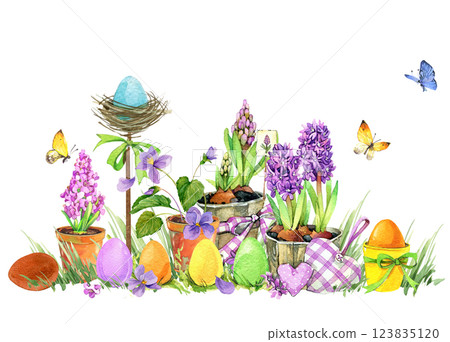 Happy Easter Watercolor background with realistic painted eggs, grass, flowers. Happy Easter Watercolor background with realistic painted eggs, grass, flowers. 123835120