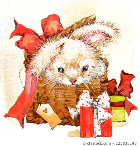 Watercolor vintage bunny drawing illustration  123835148