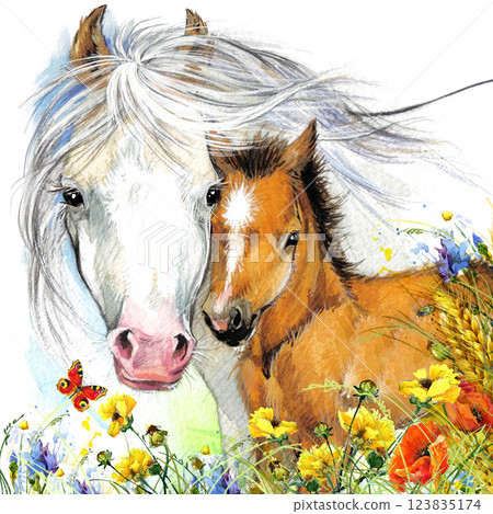 watercolor mare and foal on white. Beautiful hand painted illustration of two horses on the field. 123835174