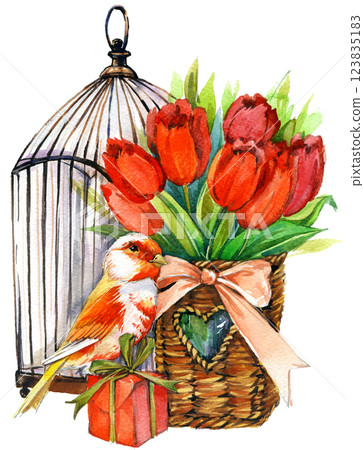 Vintage Postcard with flowers, bird and bird cage. Watercolor illustration 123835183