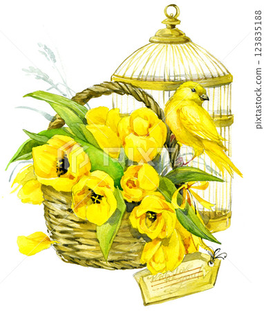 Vintage Postcard with flowers, bird and bird cage. Watercolor illustration 123835188