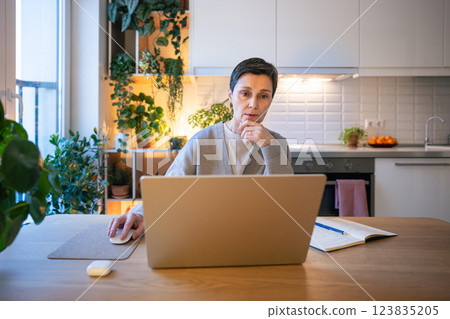 Thoughtful woman types on laptop in kitchen, searching solutions. Balancing deadlines, remote work Thoughtful woman types on laptop in kitchen, searching solutions. Balancing deadlines, remote work 123835205
