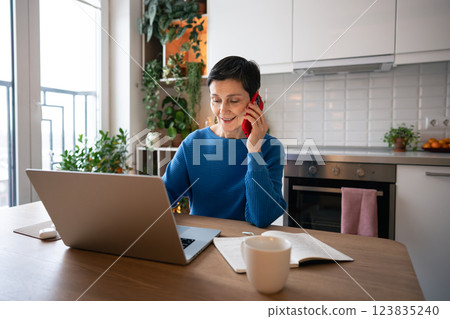 Mature woman smiling while on business call, work on laptop at home. Remote work, self employed job 123835240