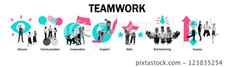 Conceptual design. Teamwork dynamics enhancing communication, cooperation, and brainstorming. Representation of mission-driven collaboration Conceptual design. Teamwork dynamics enhancing communication, cooperation, and brainstorming. Representation of mission-driven collaboration 123835254