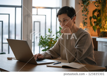 Meeting deadlines. Thoughtful worried mature woman working on laptop, taking notes at home alone Meeting deadlines. Thoughtful worried mature woman working on laptop, taking notes at home alone 123835301