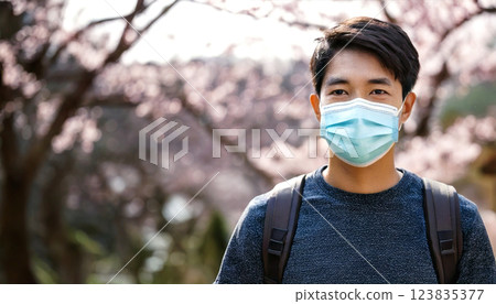 Volunteer man wearing a mask in front of cherry blossoms, generative AI_wide 123835377