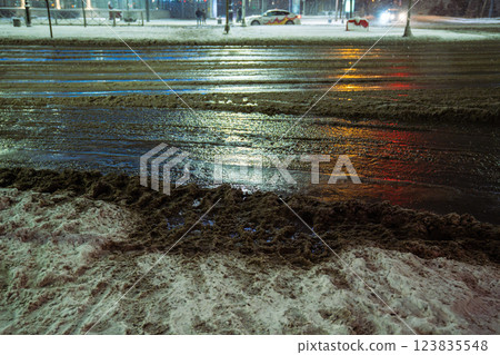 Heavy snowfall followed by thaw, slushy snow and dirt cover roads as salt melt snow into muddy slush Heavy snowfall followed by thaw, slushy snow and dirt cover roads as salt melt snow into muddy slush 123835548