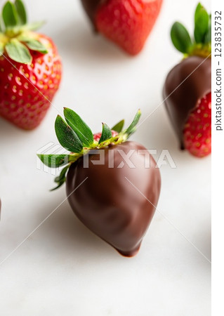 Delicious chocolate covered strawberries arranged on a clean surface. 123835732