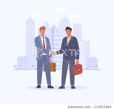 Partnership in business. Two men in suits shaking hands on the city background. Business concept of concluding contract, teamwork Partnership in business. Two men in suits shaking hands on the city background. Business concept of concluding contract, teamwork 123835864
