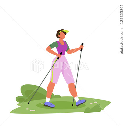 Nordic walking. Young woman with sticks training in park. Sport, outdoor activity, healthy lifestyle Nordic walking. Young woman with sticks training in park. Sport, outdoor activity, healthy lifestyle 123835865