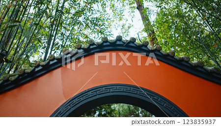 Chengdu, Sichuan, China. Passageway Through Wuhou Shrine Is Flanked On Either Side By Bright Red Walls. Alley With Red Walls To Mausoleum Of Liu Bei. Entrance To Garden Area Of Wuhou Memorial Temple 123835937